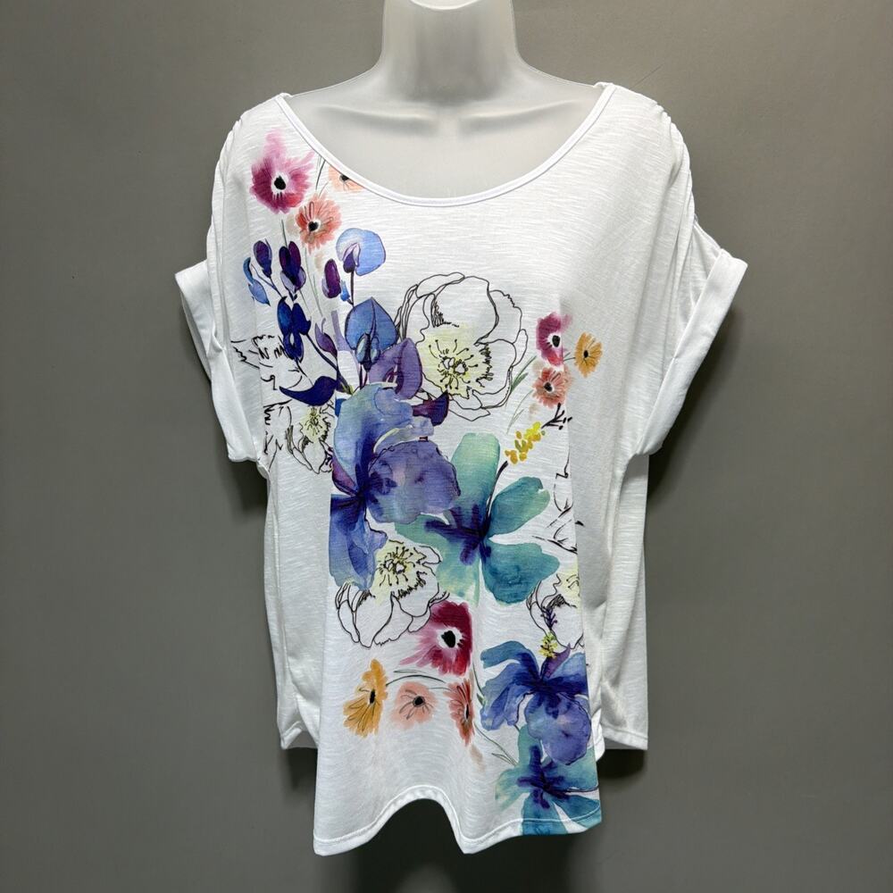 Jillian Nicole Top XL NWT Colorful Floral Artsy Print Short Sleeve White Blouse